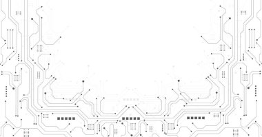 Teknoloji siyah devre diyagramı. Yüksek teknoloji devre kartı bağlantı sistemi. Beyaz arkaplanda vektör soyut teknolojisi.