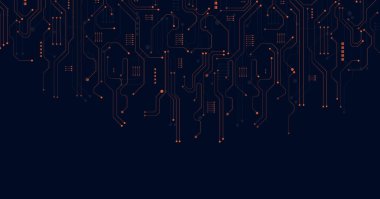 Koyu mavi arkaplanda turuncu devre şeması. İnternet bağlantı konsepti için dijital devre kartı teknolojisi arka planı.