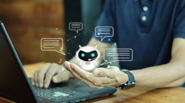 Yapay Zeka veya Yapay Zeka ile İnsan Sohbeti. Yapay zeka robotları veya yapay zeka insanlarla doğal olarak iletişim kurabilir. Çevrimiçi sistemde robot. Gelecekçi teknoloji..