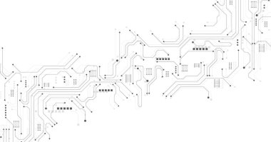 Beyaz arka planda siyah devre şeması. Yüksek teknoloji devre kartı bağlantı sistemi. Beyaz arkaplanda vektör soyut teknolojisi.