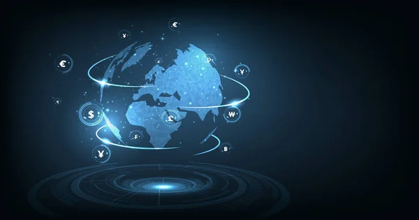 Küresel para transferi konsepti. Küresel ağ bağlantısı. Küresel döviz, döviz, döviz, ödeme mekanizması. Vektör İllüstrasyonu.