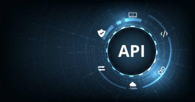 Uygulama Programlama Arayüzü (API) Yazılım geliştirme araçları, bilgi teknolojisi, modern teknoloji, internet ve koyu mavi arka plan ağ kavramları.