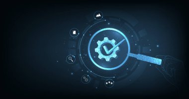 Standart kalite kontrol kavramı. Koyu mavi arkaplanda dişli ve kontrol işareti.