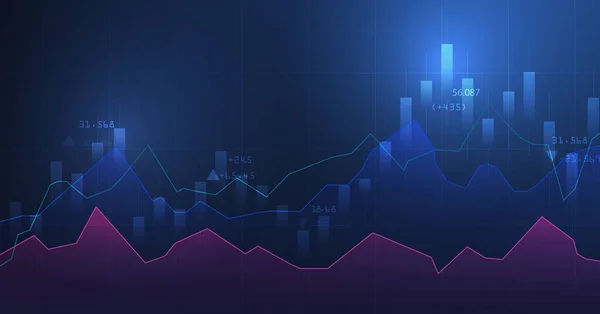 Ticaret konsepti. Koyu mavi arkaplan üzerinde yükselen ve yükselen çizgi grafikli iş grafiği. Vektör illüstrasyonu.