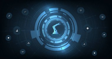 Sanayi 4.0 kavramı. Koyu mavi arka planda fütüristik elementlere sahip gerçekçi robotik kol. Özerk endüstriyel teknoloji tasarımı.