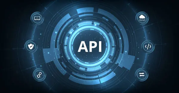 Uygulama Programlama Arayüzü (API) Yazılım geliştirme araçları, bilgi teknolojisi, modern teknoloji, internet ve koyu mavi arka plan ağ kavramları.