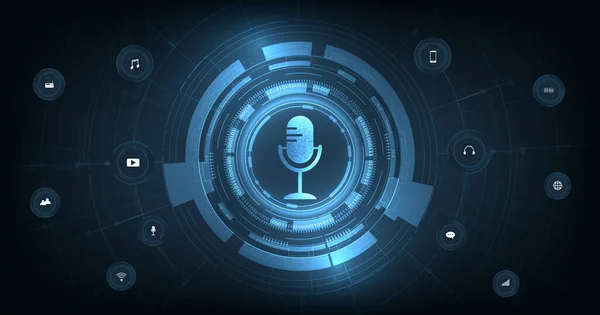 Conceito Vetor Podcast Logotipo Podcast Ícone Microfone Fundo Azul Escuro — Vetor de Stock