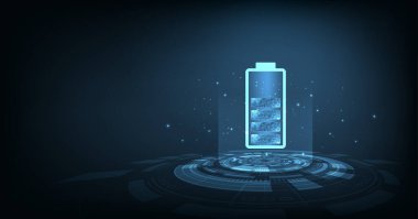 Koyu mavi arka planda elektrik enerjisi tasarımı. Mavi arkaplanda pil hücreleri sembolleri. Enerji Verimliliği, Vektör illüstrasyonu.