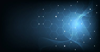 Altıgen geometrik koyu mavi desenli parlak bir arka plan. Sağlık sigortası ve teknoloji arka planı. Grafik dijital bilim konsepti tasarımı..