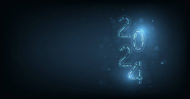 2024 yılbaşı konsepti. Koyu mavi arka planda teknoloji tarzı. Yeni yıl kartı ya da dijital teknik takvim posteri. 2024 yılının logosu. Fütürist web pankartı şablonu.  