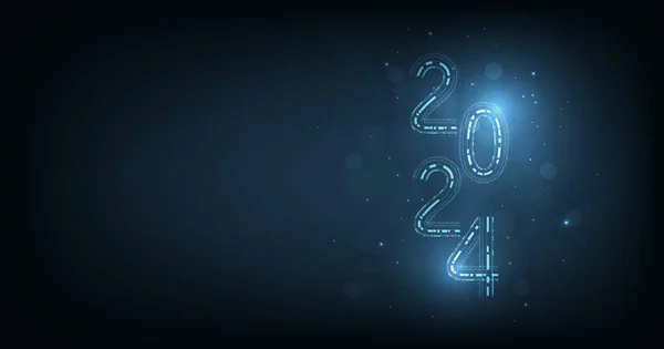 2024 yılbaşı konsepti. Koyu mavi arka planda teknoloji tarzı. Yeni yıl kartı ya da dijital teknik takvim posteri. 2024 yılının logosu. Fütürist web pankartı şablonu.  