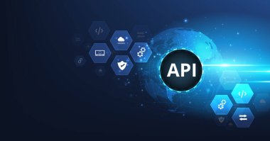 Application Programming Interface (API) concept. Software development tools, information technology, modern technology, internet, and networking concepts on a dark blue background.	
