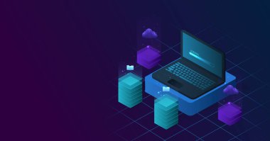 Document management and Data transfer through cloud technology. Exchange data with modern internet technology on a dark blue background. Files data system relocation concept.	