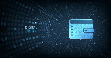 Dijital cüzdan. Koyu mavi arka planda dijital cüzdan simgesi. Cüzdan, Çevrimiçi para aktarım konsepti.