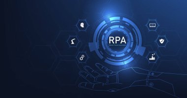 Robot işlem otomasyonu (RPA) kavramı. Fabrika hizmet sağlayıcısı sektörü 4.0 'a sahip iş makineleri teknolojisi daha verimli üretkenlik için hassas makineler.