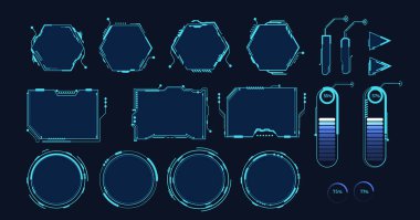 Frames HUD futuristic style. Abstract geometric patterns. Futuristic technology icons, digital technology on a dark blue background.	