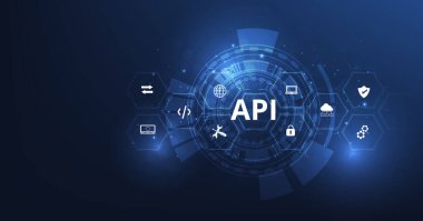Application Programming Interface (API). Software development tool, information technology, modern technology, internet and networking concept on dark blue background.	