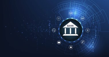 Çevrimiçi bankacılık teknolojisi kavramı. Elektrik devresi arkaplanındaki bankanın Isometric illüstrasyonu. Dijital bağlantı sistemi. Finansal teknoloji kavramı..