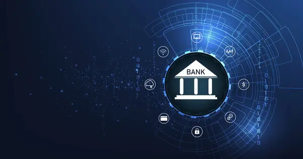 Çevrimiçi bankacılık teknolojisi kavramı. Elektrik devresi arkaplanındaki bankanın Isometric illüstrasyonu. Dijital bağlantı sistemi. Finansal teknoloji kavramı..