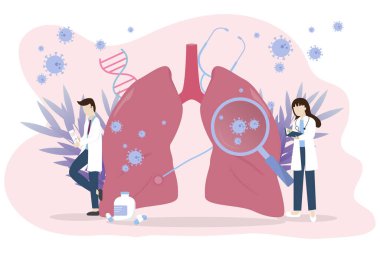 Pulmonology concept. The doctor checked his lungs and found coronavirus particle. Tuberculosis, pneumonia, lung cancer treatment or diagnostic. Medical concept. Vector illustration.	
