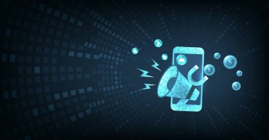 Dijital pazarlama konsepti. Cep telefonunda yıldırım ve mıknatısla 3D mavi megafon tasviri. Satışlar için hoparlör, uyarı alarmı, bilgi reklamı