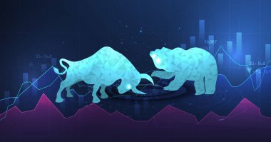 Ayı pazarı ve boğa pazarı savaşı. Bearish kabadayılara karşı düşük polirama tarzında. işletme finans ve yatırım kavramı.