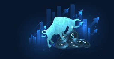 Borsa veya Finansal Yatırım konsepti. Borsa vektör illüstrasyonundaki bullish sembolleri. Borsa grafik diyagramı, dijital teknoloji, iş fikri ve sanat tasarımı grafikleri..