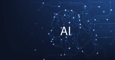 Electronic brain and Concept of artificial intelligence(AI).Graphic of a digital brain and Human head outline made from circuit board, connecting on a dark blue background.	