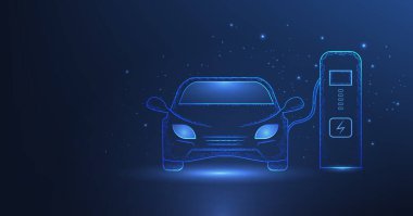 EV elektrikli araba konsepti. Ön manzara, koyu mavi arka planda elektrikli araba. Vektör illüstrasyonu