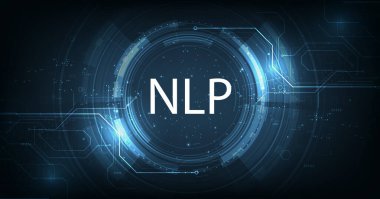 NLP arka plan kavramı. Koyu mavi arka planda doğal dil işleme bilişsel hesaplama teknolojisi. Vektör illüstrasyonu.