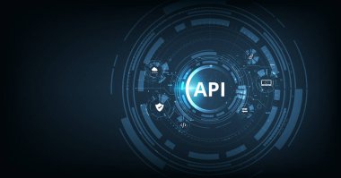 Uygulama Programlama Arayüzü (API) kavramı. Yazılım geliştirme aracı, bilgi teknolojisi, modern teknoloji, internet ve ağ konsepti koyu mavi arkaplan üzerine.