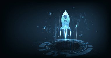 Girişim roketi fırlatma ve şamdanlar koyu mavi arka planda dijital olarak listeleniyor. İş büyümesi para birimi borsa yatırım ekonomisi. liderlik stratejisi başarısı. 