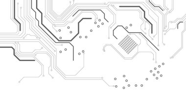 Elektronik elementlerle donatılmış bir devre kartı. Anakart teknoloji dokusu tasarımı. Beyaz arkaplanda siyah devre şeması. Yüksek teknoloji devre kartı bağlantı sistemi.