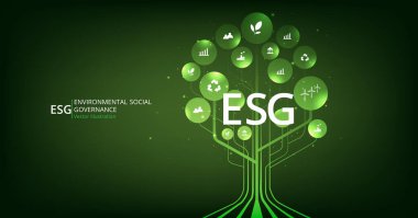 İş ve organizasyon konsepti için ESG. Koyu yeşil arkaplandaki figür simgeleriyle çevre, sosyal ve yönetim çözümleri. Modern ESG vektör illüstrasyonuComment.