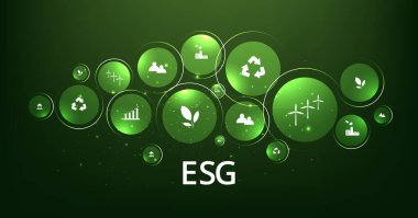 Çevresel Sosyal ve Yönetim (ESG) kavramı. Bir doğa koruma stratejisi geliştirilmesi ve figür simgeleriyle çevre, sosyal ve yönetim sorunlarının çözümü.