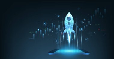 Roket fırlatılışı cep telefonu ve şamdanlar koyu mavi arka planda dijital olarak listeleniyor. Bu da iş büyümesi para birimi borsası yatırım ekonomisi anlamına geliyor. liderlik stratejisi başarısı.