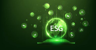Çevresel Sosyal ve Yönetim (ESG) kavramı. Bir doğa koruma stratejisi geliştirilmesi ve figür simgeleriyle çevre, sosyal ve yönetim sorunlarının çözümü.