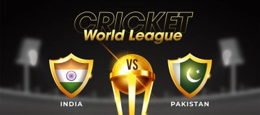 Kriket Dünya Ligi Hindistan 'a karşı Pakistan Stadyum arka planında kupa kazanan başlık ya da afiş.