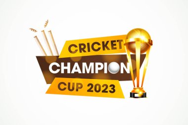 Kriket Şampiyonası Kupası 2023 başlığı veya galibiyet kupası ve beyaz arka planda kütükleri olan afiş.