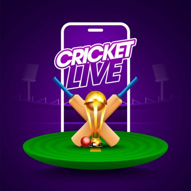 Cricket Live Concpet başlığı ya da kazanan kupa, yarasa, top ve stadyum arka planında kütükleri olan afiş.