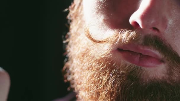 Close Filmed Face Bearded Red Man Twisting His Mustache Bright — Video