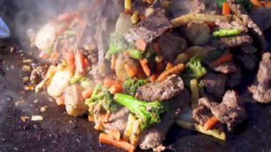 Kızarmış ren geyiği eti karışımı Kuzey İsveç Kışında Friends ile birlikte gaz ocağında Murrikka ızgara tavasında hazırlanıyor. Izgara görüntülerini kapat.