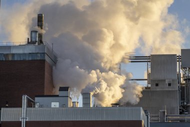 Sıcak Parlayan Duman Plume, Pitea İsveç 'teki kağıt fabrikasından gece geç saatlerde atmosfere sera gazı yayarken güneşlendi..