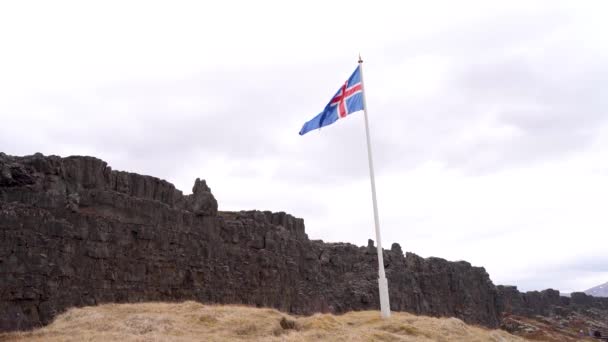 Bandeira Islândia Pleno Movimento Pelo Vento Durante Primavera Tardia Thingvellir — Vídeo de Stock
