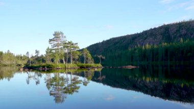 Serene lake Tarnatten with Silent and Peaceful calm water and lone Island with isolated tree in Skuelskogen National Park, High Coast Sweden.