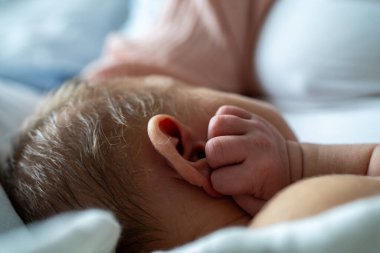 Yeni doğmuş bir bebeğin kulağının ve saçının detaylı yakın çekimi yeni doğmuş bir bebeğin yumuşaklığını ve kırılganlığını yakalıyor. Bu görüntü şefkati ve ilgiyi çağrıştırıyor..