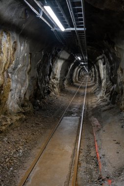 Tepe ışıklarıyla aydınlatılan engebeli bir kaya ve toprak arazisinde uzanan tren raylarının yer aldığı bir yeraltı tüneli kasvetli bir atmosfer yaratıyor..