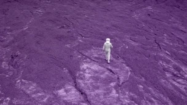 Astronotun Üzerinde Yürüdüğü Gezegenin Mor Yüzeyi Astronot Koruyucu Giysi Kask — Stok video