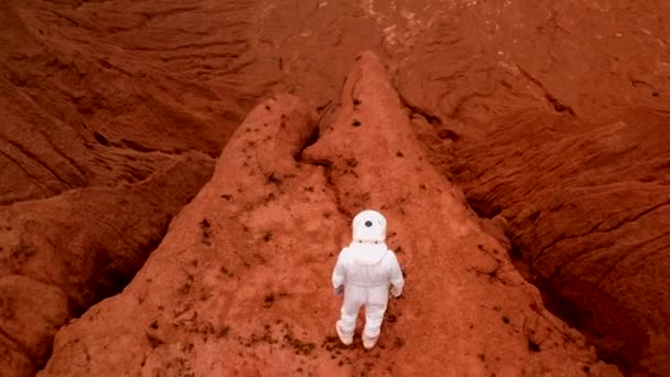 Seorang Astronot Yang Bahagia Mendekati Tepi Bukit Kawah Dan Melompat — Stok Video