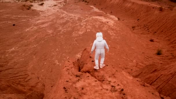Astronauta Olha Redor Cratera Asteróide Topo Colina Explorando Planeta Distante — Vídeo de Stock